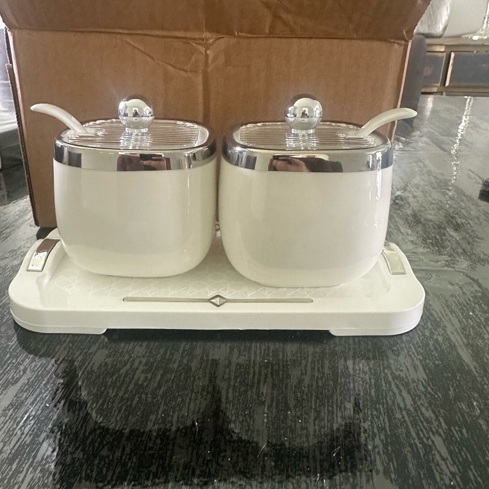 White Ceramic Double Condiment Jars with Spoons - Picture 2 of 10